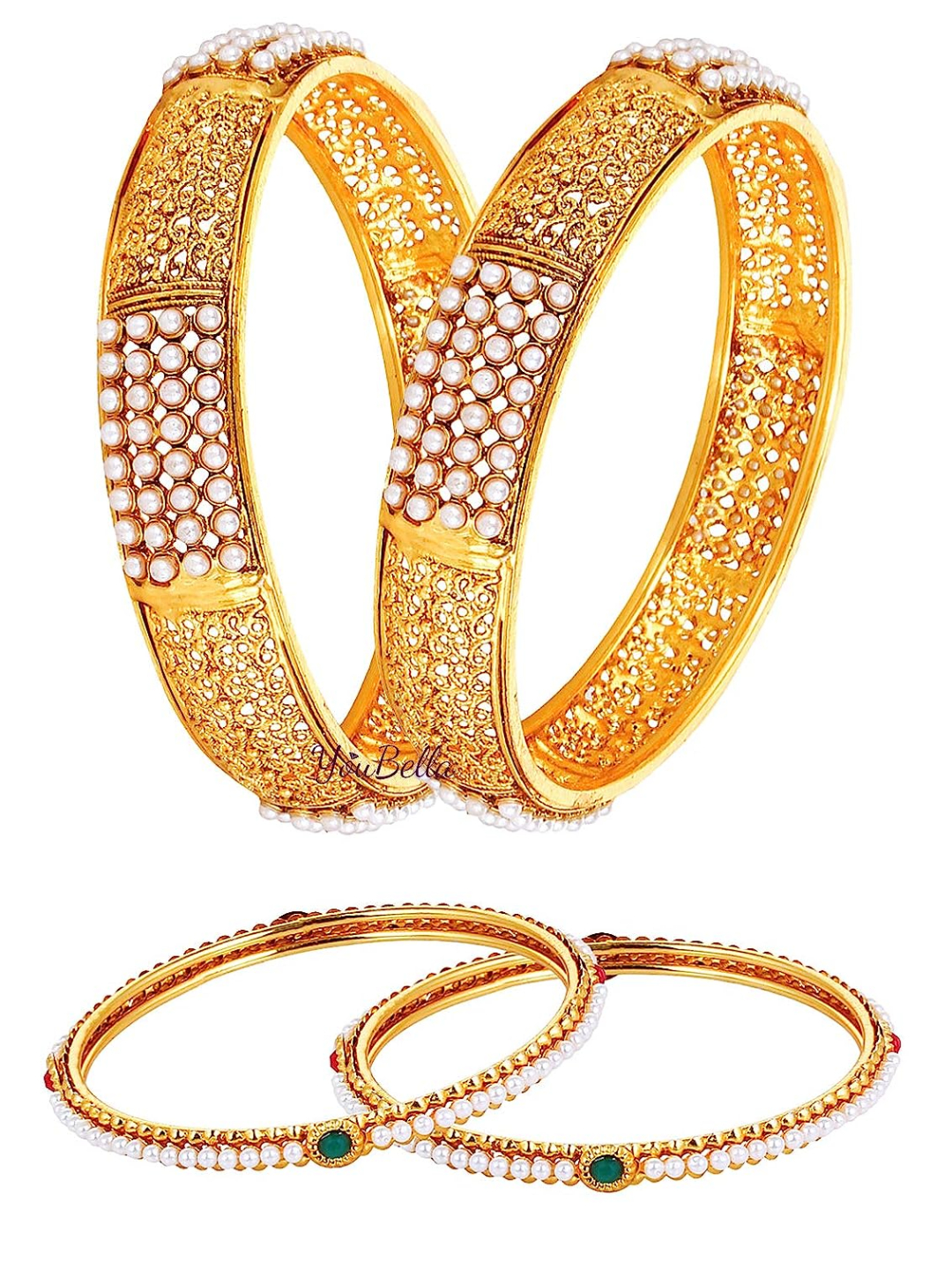 YouBella Gold-Plated Pearl and Gold Combo Bangle Set for Women (2.4) -Pack of 4